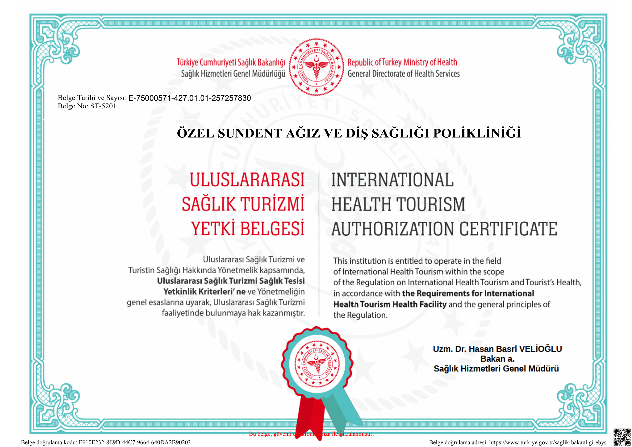 SunDent uluslararası sağlık turizmi yetki belgesi